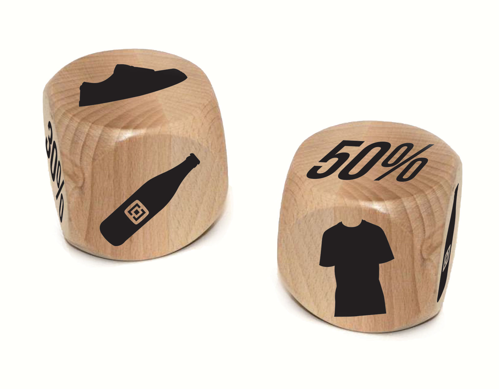 hraci_kostky 2 kostky se symboly 2x piva, 30% slevy, 50% slevy, trika a bot. Když někdo hodí na obou kostkách stejný symbol, dostane odměnu dle symbolu.